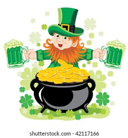 St. Patrick's Day, cheerful Leprechaun with mug of beer. Vector image.