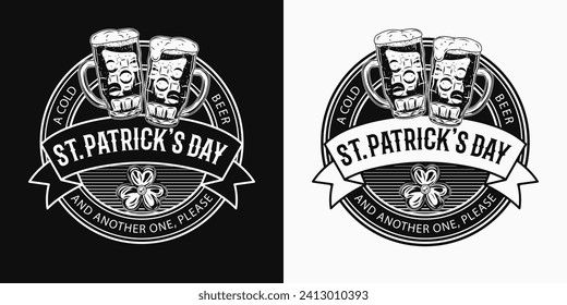 Etiqueta circular del Día de San Patrón con vasos de cerveza verde, oscura, hoja de shamrock, cintas, texto. Para impresiones, ropa, camisetas, diseño de artículos de vacaciones. Ilustración vintage