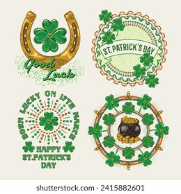 St Patricks Day circular Labels with holiday objects, text on white background. Shamrock, golden horseshoe, clover. For clothing, apparel, T-shirts, holiday stuff, goods decoration Vintage style