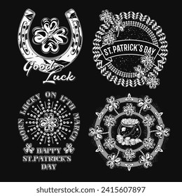 St Patricks Day circular monochrome Labels with holiday objects, text on black background. Shamrock, horseshoe, clover. For clothing, apparel, T-shirts, holiday stuff, goods decoration Vintage style