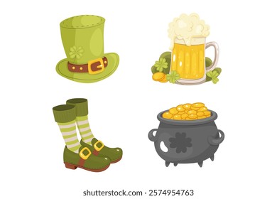 St. patrick's day, clip art, set , hat, beer and clover, shoes with gaiters and pot of gold