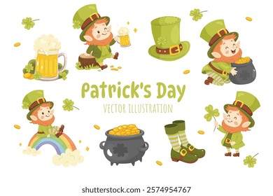 St. patricks day, clip art, cute leprechaun set, hat, beer and clover