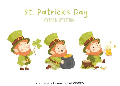 St. Patricks Day, clip art, cute leprechaun set, with gold, clover