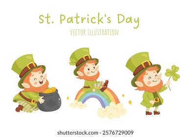 St. Patricks Day, clip art, cute leprechaun set, with gold, clover