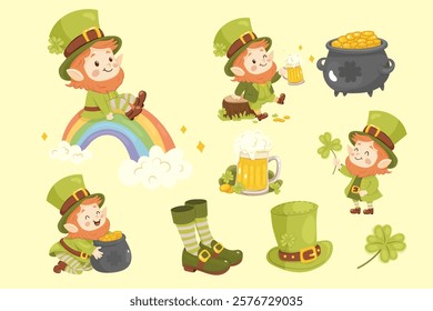 St. Patrick's Day clip art, cute leprechaun set, hat, beer and clover