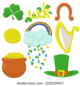 St. Patrick's day clipart set, good luck symbols for holiday design vector illustration