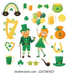 St. Patrick's day clipart set. Leprechauns, beer, balloons, shamrock, horseshoe and other irish symbols.