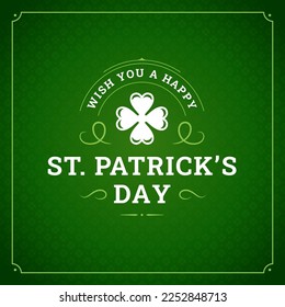 St Patrick's Day clover curved vintage greeting card typographic template vector illustration. Lucky leaf floral ornate old fashioned festive design for holiday celebrate Irish traditional event decor