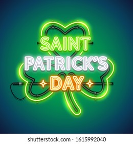 St Patricks Day in clover glowing neon sign on green background. Greeting card. Vector poster illustration for your holiday projects in retro-futuristic style.