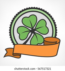 St. Patricks Day clover. Green lucky four leaf Irish shamrock in circle vintage award element with ribbon. Vector illustration