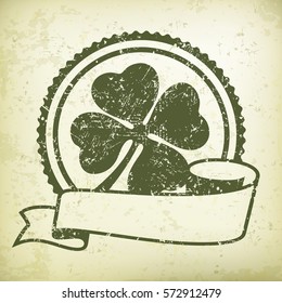 St. Patrick's Day clover. Green lucky four leaf Irish clover in circle grange award element with ribbon. Vector green illustration 