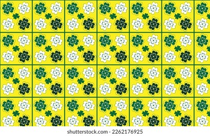
           St. Patrick's Day clover greeting yellow background. Pattern of shamrock leaves on 
                     white background for holiday celebration. Vector illustration.