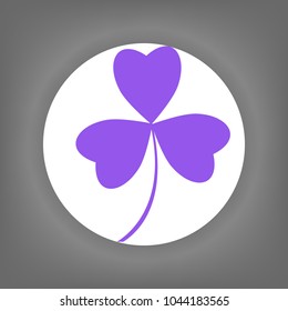 St Patricks Day clover icon flat. Vector. Violet icon on white circle with shadow at gray background.
