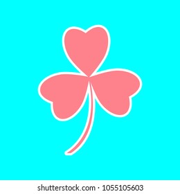 St Patricks Day clover icon flat. Vector. Magenta icon with white sticker contour at sky blue background. Isolated.