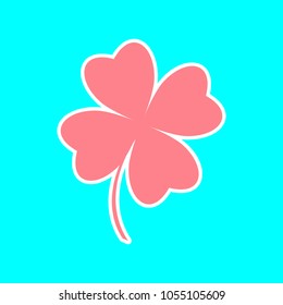 St Patricks Day clover icon flat. Vector. Magenta icon with white sticker contour at sky blue background. Isolated.