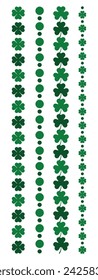 St Patricks day clover leaf border line, set of green shamrock dividers, vertical decorative vector elements