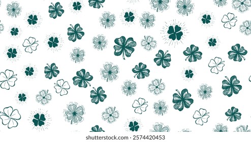 St. Patricks Day, clover pattern on white. Hand drawn illustrations	