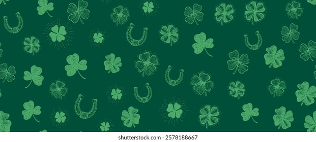 St. Patricks Day, clover pattern on green. Hand drawn illustrations	