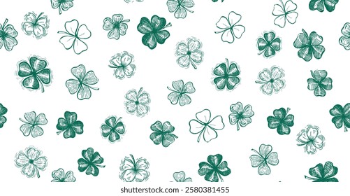 St. Patricks Day, clover pattern on white. Hand drawn illustrations	