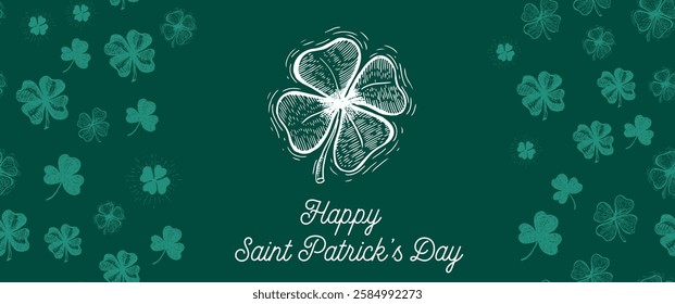 St. Patricks Day, clover pattern on green. Hand drawn illustrations	
