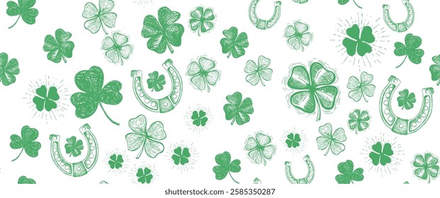 St. Patricks Day, clover pattern on white. Hand drawn illustrations