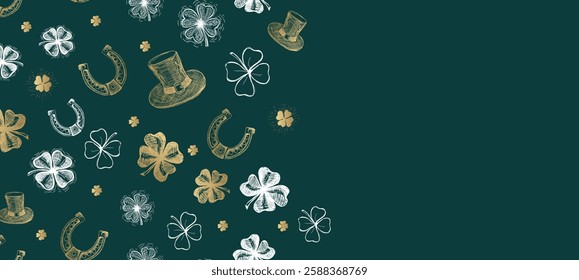 St. Patricks Day, clover pattern on green. Hand drawn illustrations	