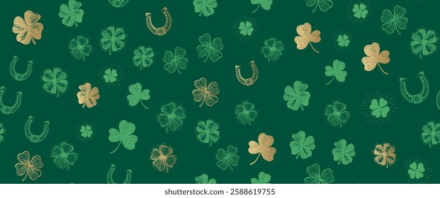 St. Patricks Day, clover pattern white and gold on green. Hand drawn illustrations	