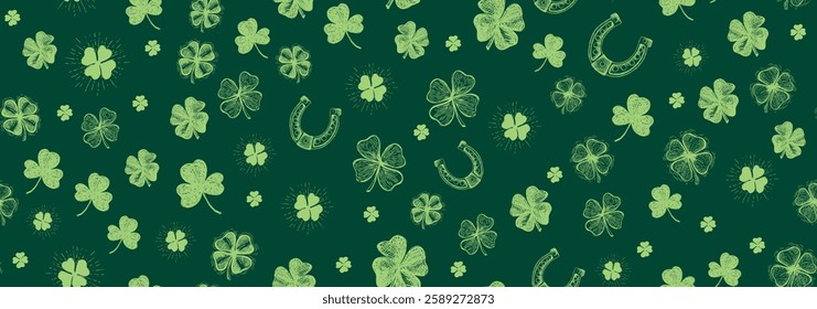 St. Patricks Day, clover pattern on green. Hand drawn illustrations	