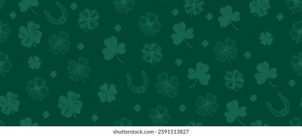 St. Patricks Day, clover pattern on green. Hand drawn illustrations	