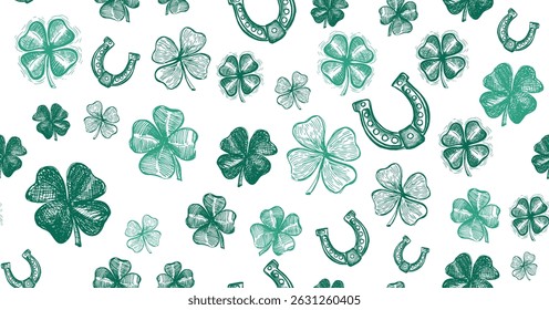 St. Patricks Day, clover pattern on white. Hand drawn illustrations	
