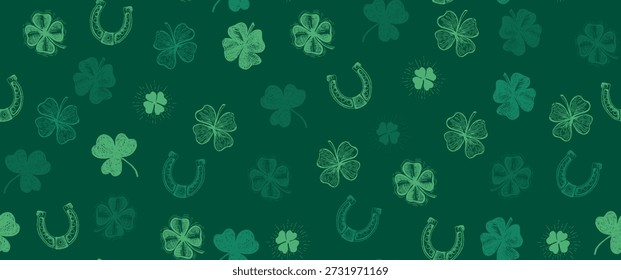 St. Patricks Day, clover pattern on green, Hand drawn illustrations