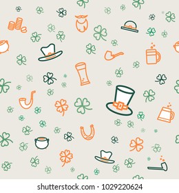 St Patricks day clover seamless background. Flat vector green orange poster Happy Saint Patricks day. Illustration clover flat elements poster postcard, flyer banner parade beer party, bar, irish pub.