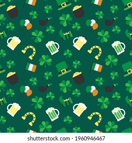 St. Patrick's Day Clover seamless pattern. Vector illustration. green clover, pots of gold, horseshoe, beer, hat on green background. symbol pattern.