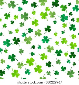 St Patrick's Day Clover seamless pattern. Vector illustration for lucky spring design with shamrock. Green clover isolated on white background. Ireland symbol pattern. Irish decor for web site.
