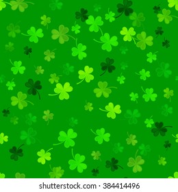 St Patrick's Day Clover seamless pattern. Vector illustration for lucky spring design with shamrock. Green clover isolated on green background. Ireland symbol pattern. Irish decor for web site.