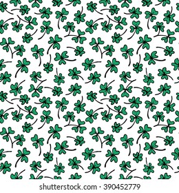 St Patrick's Day Clover seamless pattern. Hand drawn vector illustration for lucky spring design with shamrock. Green clover isolated on white background. Irish decor for web site.