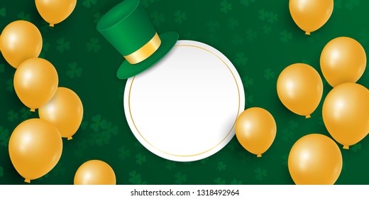 St. Patricks day with clover shamrock leaves, gold balloons and hat. Vector illustration background with empty space. Perfect for greeting card, sale banner, wallpaper, poster, offer, invitation.