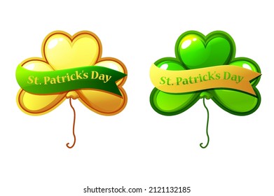 St. Patrick's Day clover shaped balloons with ribbon. Vector illustration set balls shamrocks congratulations on the holiday.