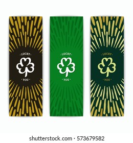 St. Patrick's Day. Clover symbol design. Banner with radially paintbrush rays in the middle. 
Vector illustration.