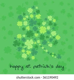 St. Patrick's Day Clover. Vector illustration of St. Patrick greeting card with clover leaves forming big clover shape in green and clover shadow background.