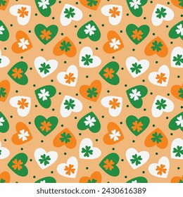 St. Patrick's Day Clovers on Hearts on Apricot Seamless Pattern Design