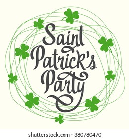 St. Patrick's Day. Clovers wreath in sketch style. Vector illustration with clover leaves and congratulations. 