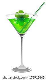 St. Patrick's day cocktail with clover and straw on white background