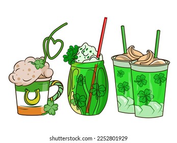 St. Patrick's Day coffee, latte, hot drinks collection cliparts