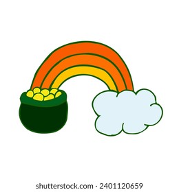 St. Patrick's Day, coins in rainbow pot. Color doodle illustration isolated on white background.