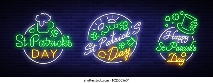 St Patricks Day is collection of neon signs. Character collection, logo with beer, neon banner, vivid design in neon style, Festive illustration for greeting card, flyer, party. Vector illustration