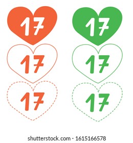 St Patrick's Day. Collection with number seventeen 17 logo icons. Simple outline and flat graphic symbols. Green, white and orange. Irish colors. Heart shape. For calendar, post cards and posters.