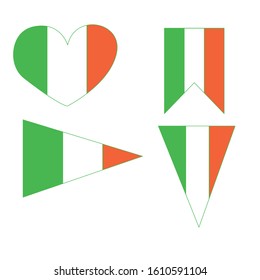 St Patrick's Day. Collection with simple irish symbols. Set with irish flags. National holiday decoration.  Shape of heart. Rectangular flags. Triangular flags. Green, white and orange isolated