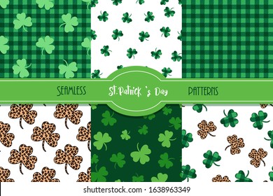 
St. Patrick's Day collection. Vector seamless patterns with green, leopard and checkered shamrocks. Clover leaves festive textures.
