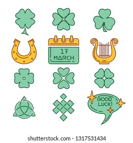 St. Patricks Day color flat icons set. March 17. Good luck. Green symbols collection for St. Patricks Day. Vector illustration
